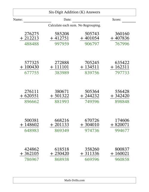 The Six-Digit Addition With No Regrouping – 20 Questions (K) Math Worksheet Page 2