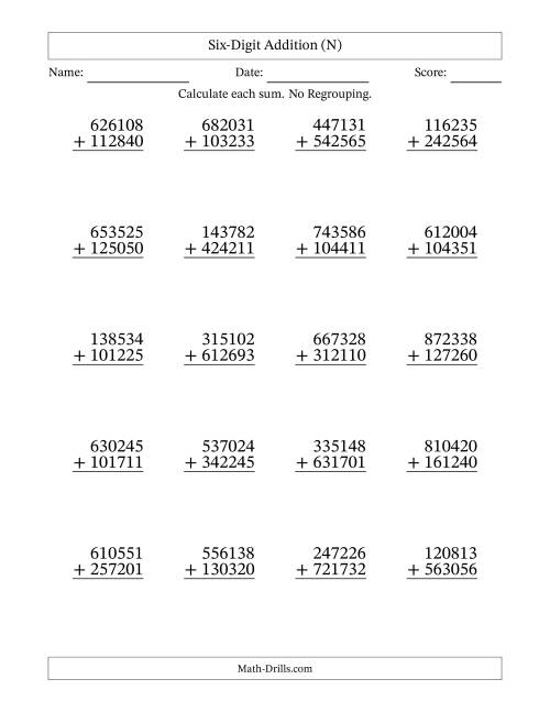 The Six-Digit Addition With No Regrouping – 20 Questions (N) Math Worksheet