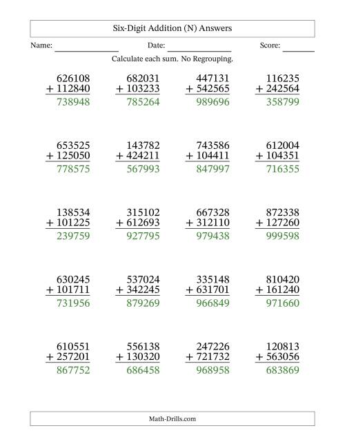 The Six-Digit Addition With No Regrouping – 20 Questions (N) Math Worksheet Page 2