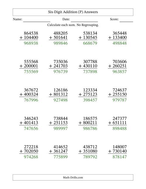 The Six-Digit Addition With No Regrouping – 20 Questions (P) Math Worksheet Page 2