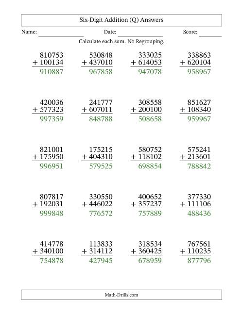 The Six-Digit Addition With No Regrouping – 20 Questions (Q) Math Worksheet Page 2