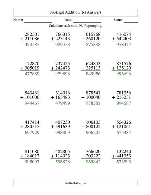 The Six-Digit Addition With No Regrouping – 20 Questions (R) Math Worksheet Page 2