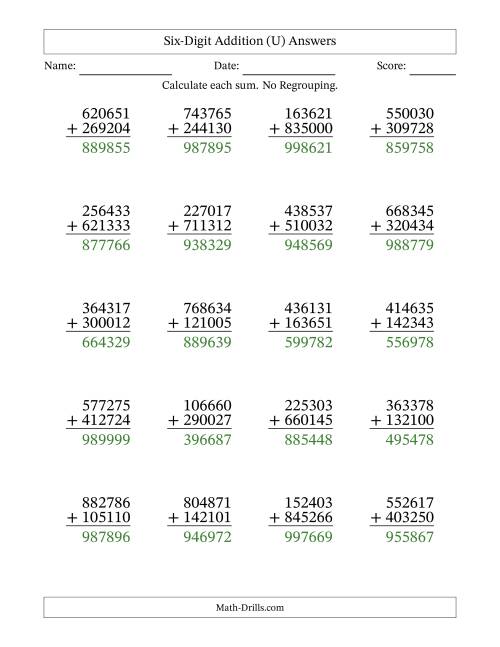 The Six-Digit Addition With No Regrouping – 20 Questions (U) Math Worksheet Page 2