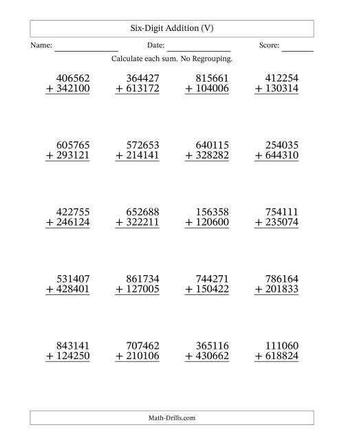 The Six-Digit Addition With No Regrouping – 20 Questions (V) Math Worksheet