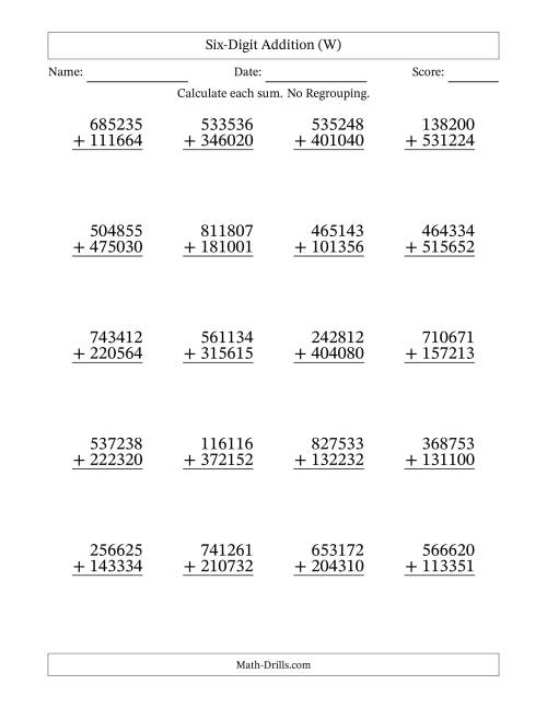 The Six-Digit Addition With No Regrouping – 20 Questions (W) Math Worksheet