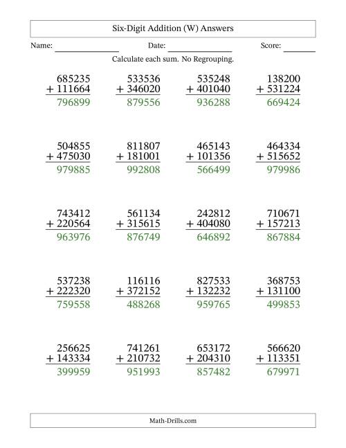 The Six-Digit Addition With No Regrouping – 20 Questions (W) Math Worksheet Page 2