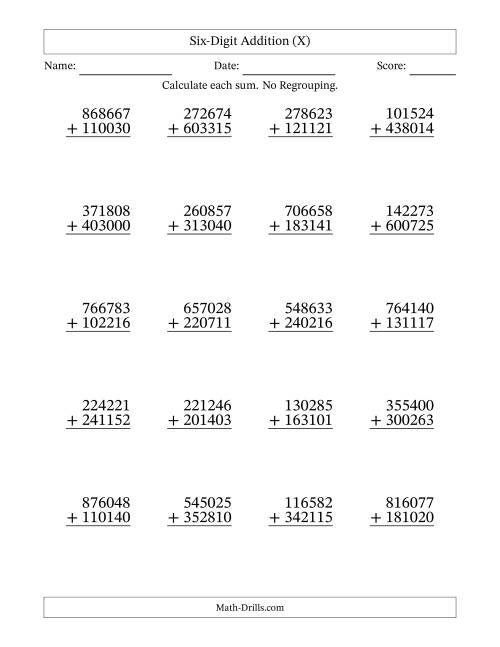 The Six-Digit Addition With No Regrouping – 20 Questions (X) Math Worksheet