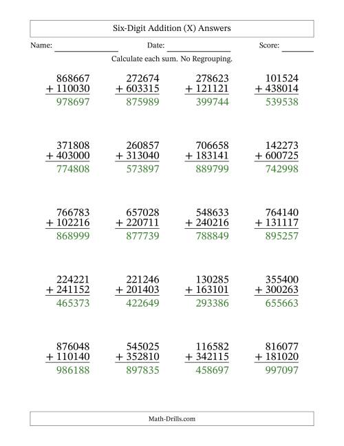The Six-Digit Addition With No Regrouping – 20 Questions (X) Math Worksheet Page 2