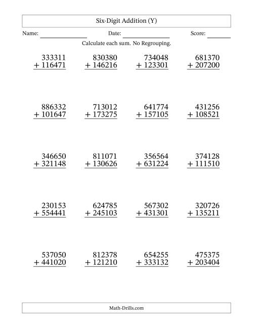 The Six-Digit Addition With No Regrouping – 20 Questions (Y) Math Worksheet