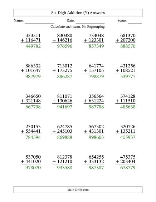 The Six-Digit Addition With No Regrouping – 20 Questions (Y) Math Worksheet Page 2