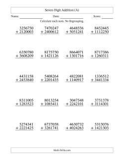 Seven-Digit Addition With No Regrouping – 20 Questions