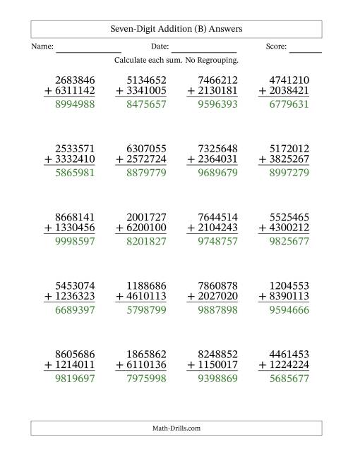 7-Digit Plus 7-Digit Addition with NO Regrouping (B)