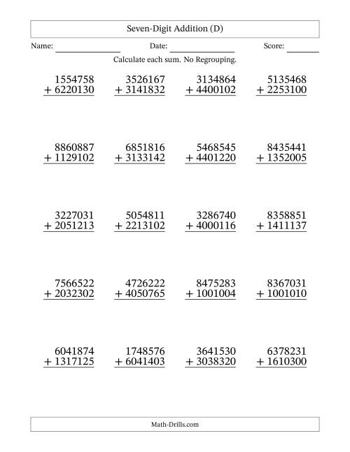 7-Digit Plus 7-Digit Addition with NO Regrouping (D)