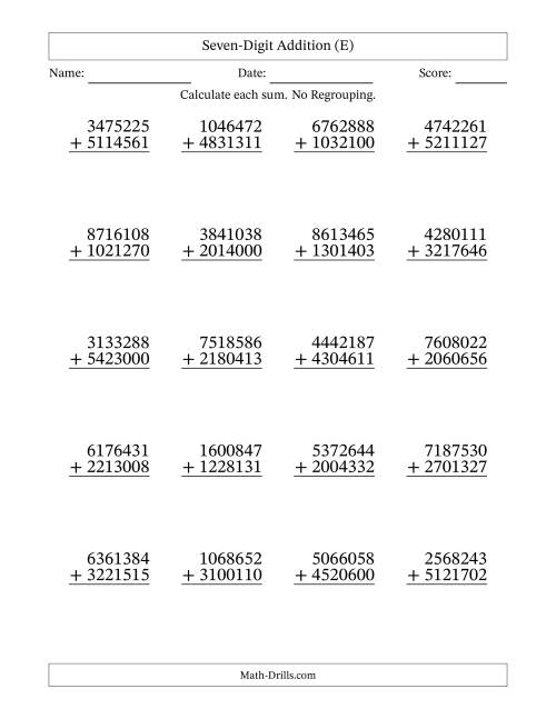 7-Digit Plus 7-Digit Addition with NO Regrouping (E)