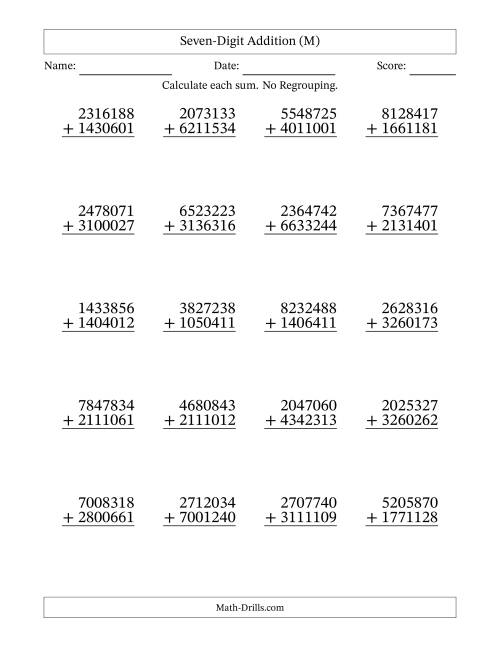 The Seven-Digit Addition With No Regrouping – 20 Questions (M) Math Worksheet