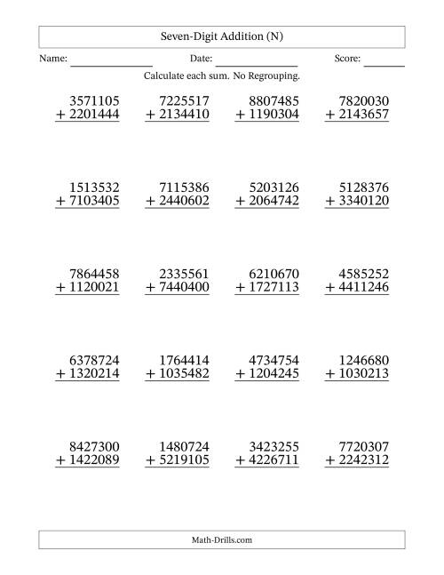 The Seven-Digit Addition With No Regrouping – 20 Questions (N) Math Worksheet