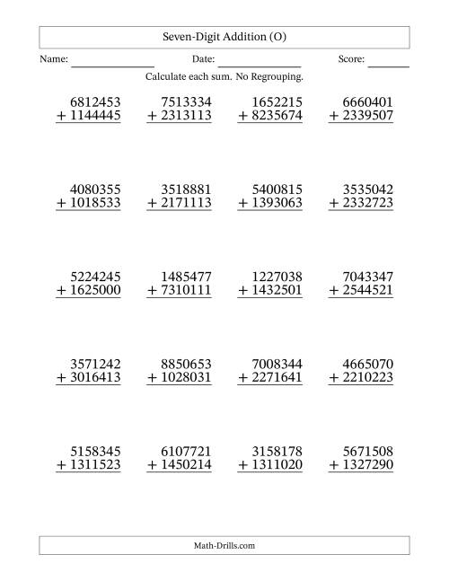 The Seven-Digit Addition With No Regrouping – 20 Questions (O) Math Worksheet