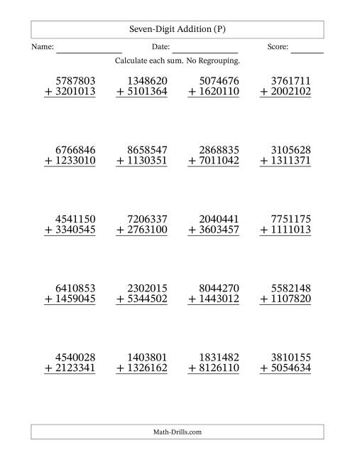 The Seven-Digit Addition With No Regrouping – 20 Questions (P) Math Worksheet