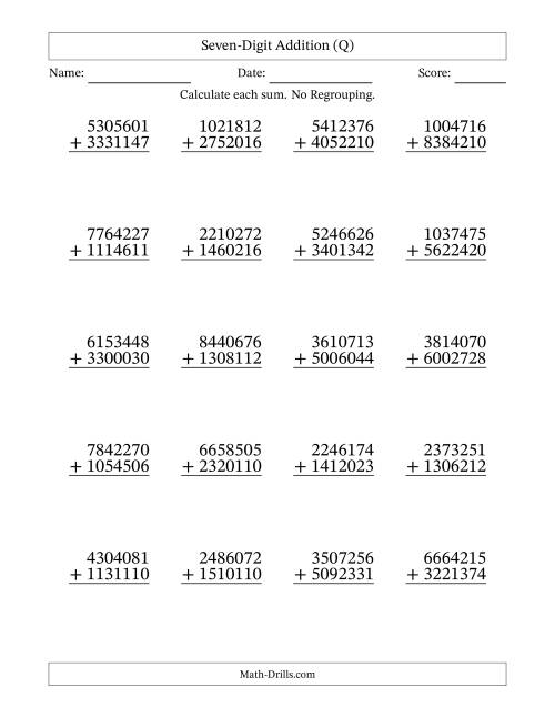 The Seven-Digit Addition With No Regrouping – 20 Questions (Q) Math Worksheet