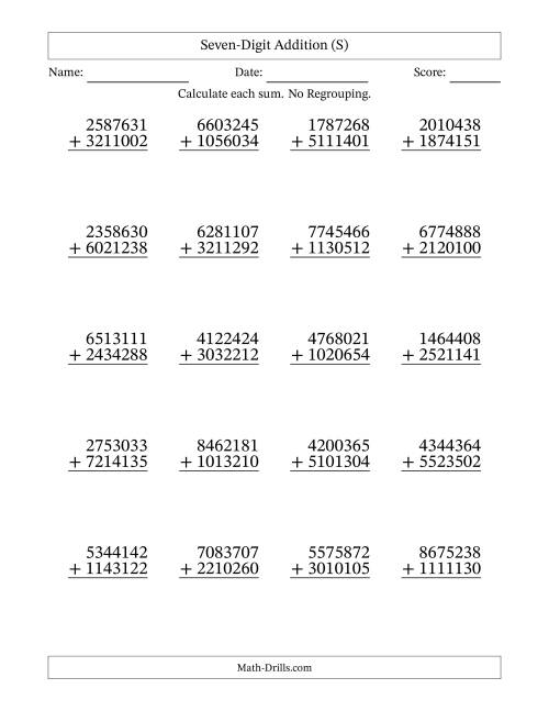 The Seven-Digit Addition With No Regrouping – 20 Questions (S) Math Worksheet