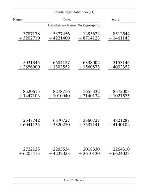 The Seven-Digit Addition With No Regrouping – 20 Questions (U) Math Worksheet