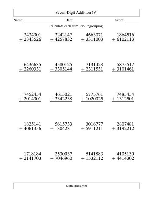 The Seven-Digit Addition With No Regrouping – 20 Questions (V) Math Worksheet