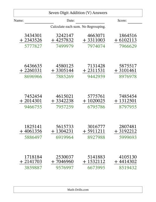 The Seven-Digit Addition With No Regrouping – 20 Questions (V) Math Worksheet Page 2