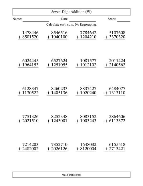The Seven-Digit Addition With No Regrouping – 20 Questions (W) Math Worksheet