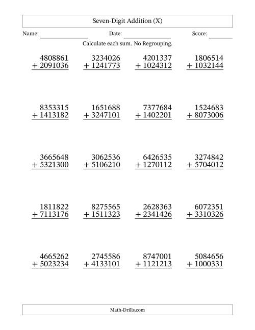 The Seven-Digit Addition With No Regrouping – 20 Questions (X) Math Worksheet