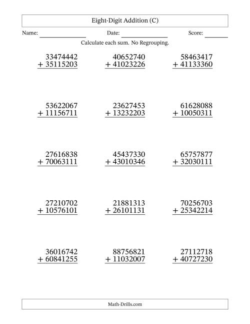 8-Digit Plus 8-Digit Addition with NO Regrouping (C)