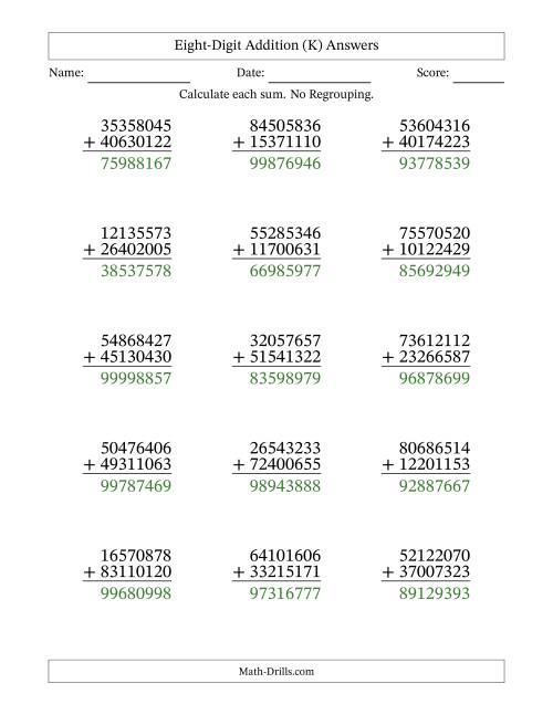 The Eight-Digit Addition With No Regrouping – 15 Questions (K) Math Worksheet Page 2