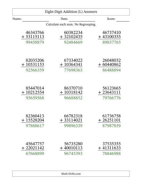 The Eight-Digit Addition With No Regrouping – 15 Questions (L) Math Worksheet Page 2