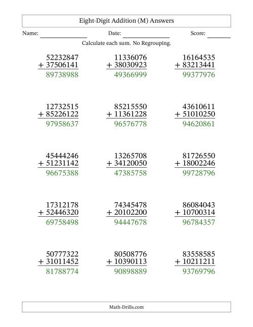 The Eight-Digit Addition With No Regrouping – 15 Questions (M) Math Worksheet Page 2
