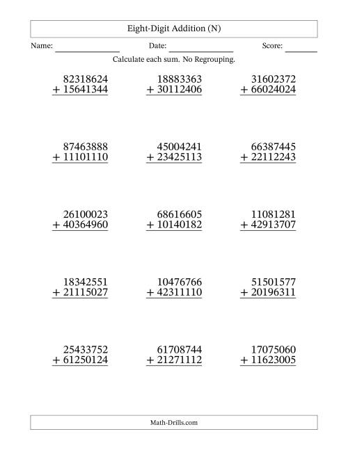 The Eight-Digit Addition With No Regrouping – 15 Questions (N) Math Worksheet