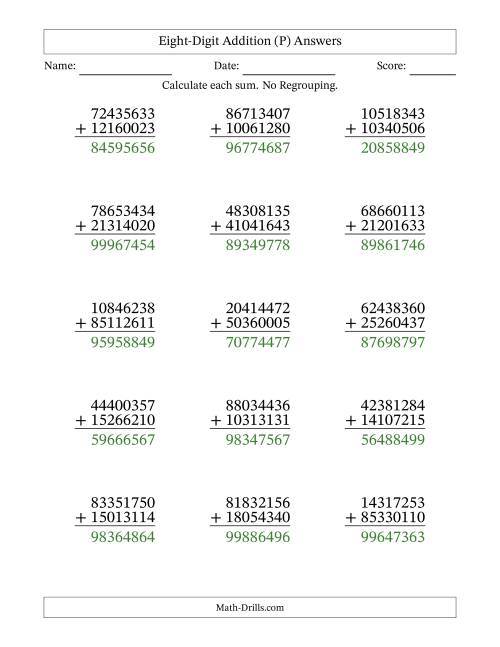 The Eight-Digit Addition With No Regrouping – 15 Questions (P) Math Worksheet Page 2
