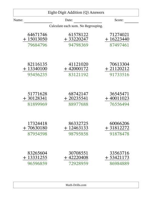 The Eight-Digit Addition With No Regrouping – 15 Questions (Q) Math Worksheet Page 2
