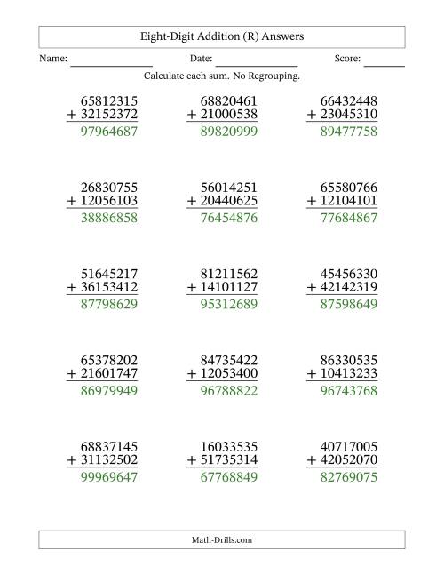 The Eight-Digit Addition With No Regrouping – 15 Questions (R) Math Worksheet Page 2