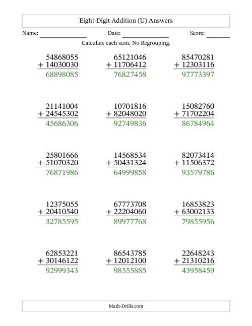 The Eight-Digit Addition With No Regrouping – 15 Questions (U) Math Worksheet Page 2