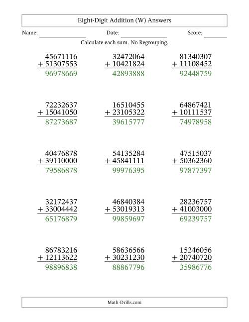 The Eight-Digit Addition With No Regrouping – 15 Questions (W) Math Worksheet Page 2