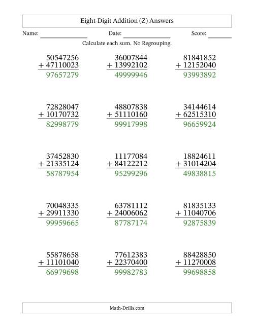 The Eight-Digit Addition With No Regrouping – 15 Questions (Z) Math Worksheet Page 2