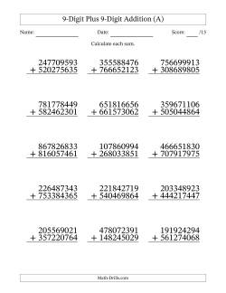 9-Digit Plus 9-Digit Addition With Some Regrouping (15 Questions)