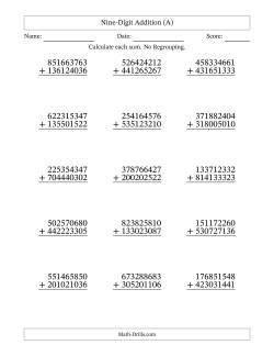 Nine-Digit Addition With No Regrouping – 15 Questions