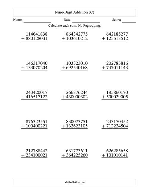 The Nine-Digit Addition With No Regrouping – 15 Questions (C) Math Worksheet