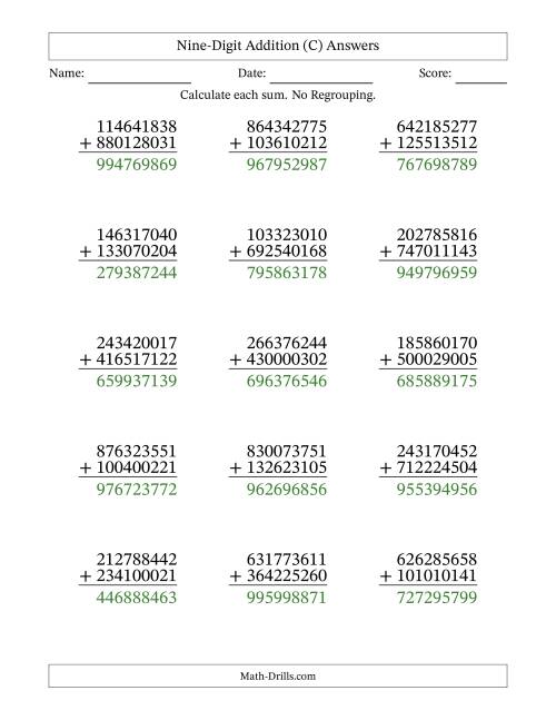 The Nine-Digit Addition With No Regrouping – 15 Questions (C) Math Worksheet Page 2