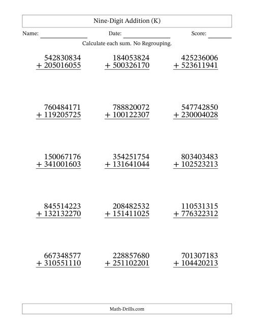 The Nine-Digit Addition With No Regrouping – 15 Questions (K) Math Worksheet