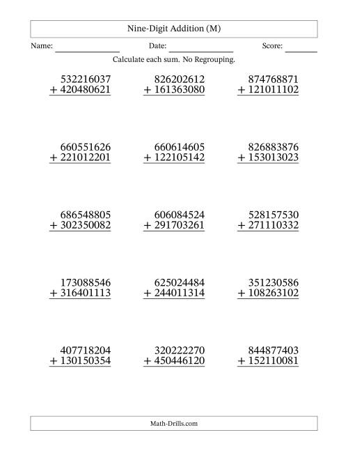 The Nine-Digit Addition With No Regrouping – 15 Questions (M) Math Worksheet