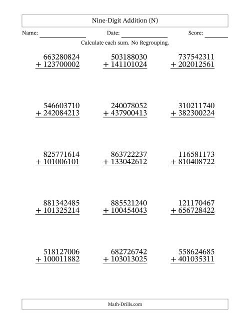 The Nine-Digit Addition With No Regrouping – 15 Questions (N) Math Worksheet