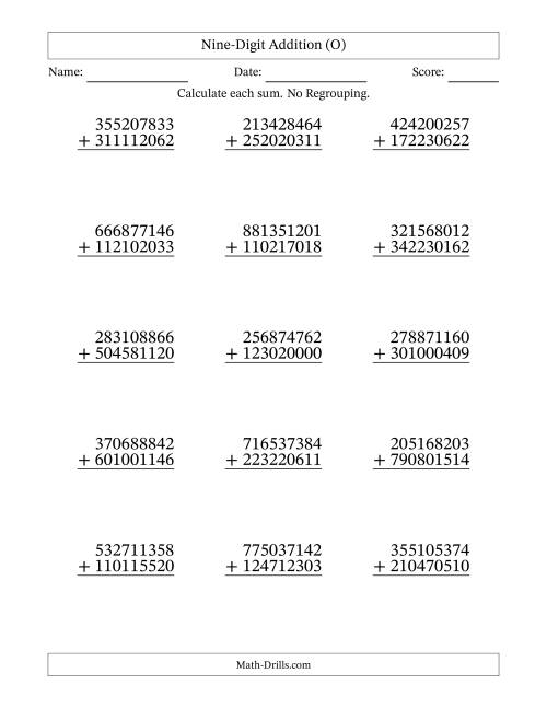 The Nine-Digit Addition With No Regrouping – 15 Questions (O) Math Worksheet