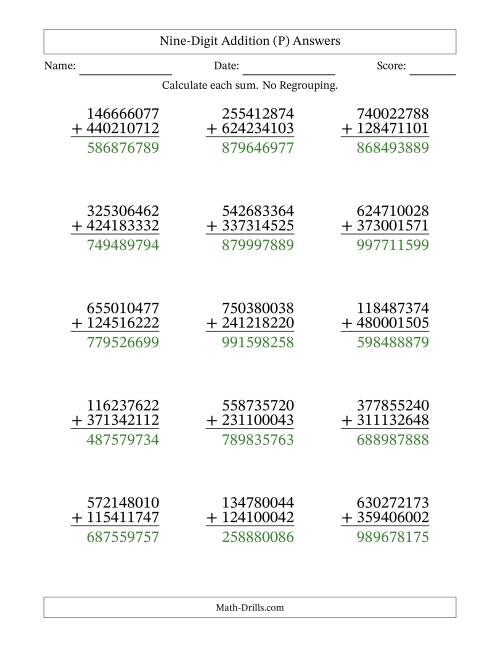 The Nine-Digit Addition With No Regrouping – 15 Questions (P) Math Worksheet Page 2