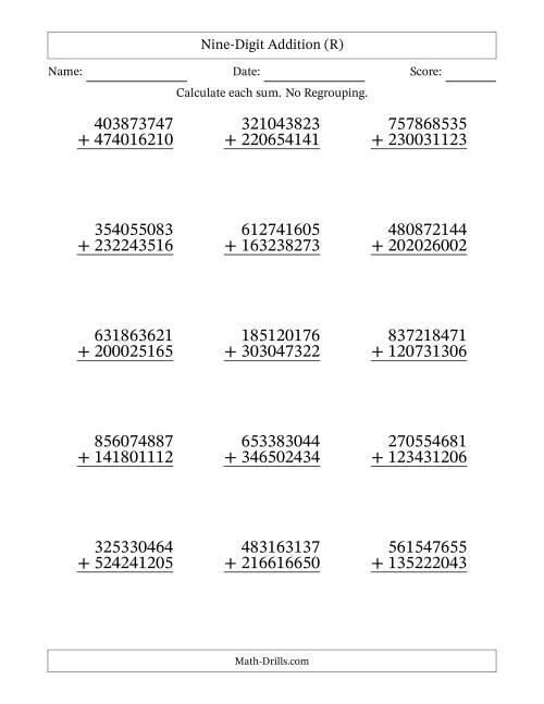The Nine-Digit Addition With No Regrouping – 15 Questions (R) Math Worksheet